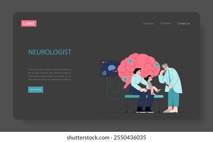 Pediatric Neurology Consultation concept. A doctor evaluates a child brain health as concerned parents observe. Medical diagnosis, family support, and healthcare. Vector illustration.