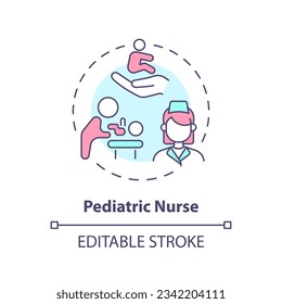 Pediatric nurse concept icon. Nursing care. Young patient. Medical team. Hospital staff. Healthcare worker abstract idea thin line illustration. Isolated outline drawing. Editable stroke