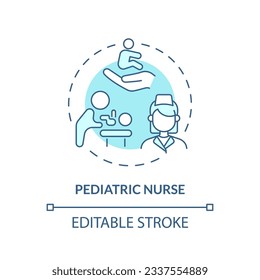 Pediatric nurse turquoise concept icon. Nursing care. Young patient. Medical team. Hospital staff. Healthcare worker abstract idea thin line illustration. Isolated outline drawing. Editable stroke