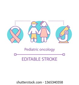Pediatric oncology concept icon. Nursing care. Children cancer. Awareness ribbon, microscope. Child oncology disease idea thin line illustration. Vector isolated outline drawing. Editable stroke