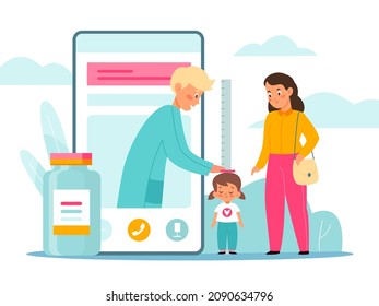 Pediatric online consultation. Children scheduled medical examination. Remote preliminary diagnostics. Smartphone and pill bottle. Mom with daughter at doctors appointment. Vector concept