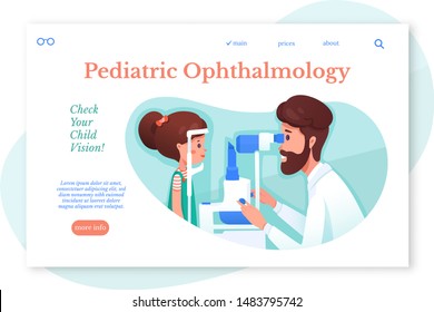 Pediatric Ophtalmology landing page vector template. Optometrist checking kid eyesight with spectacles medical equipment. Girl cartoon character at ophthalmology hospital isolated clipart