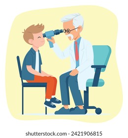 Pediatric Ophthalmologist and Child Patient, Elderly Male Eye Doctor Examining Boy Eyes with Ophthalmoscope in Doctor's Clinic, Cartoon Vector Flat Illustration