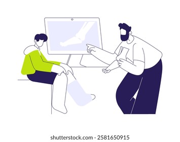 Pediatric orthopaedics abstract concept vector illustration. Orthopedic doctor examining a little boy with injury in hospital, medicine sector, pediatrics profession abstract metaphor.