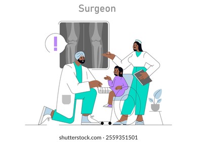 Pediatric Orthopedic Consultation concept. A diverse medical team reviews child's leg x-ray. Childcare, collaborative diagnosis, and patient support. Vector illustration.