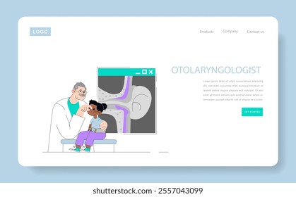 Pediatric otolaryngology consultation illustration with a doctor examining a child's ear for an informative website. Vector illustration.
