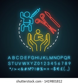 Pediatric plastic surgery neon light icon. Childcare. Improve kids appearance. Reconstructive and cosmetic procedures. Glowing sign with alphabet, numbers and symbols. Vector isolated illustration