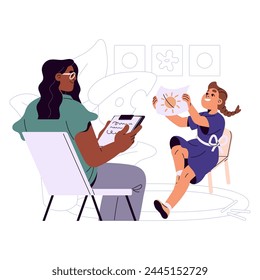 Pediatric psychologist testing mental health of child. Pediatrician takes notes about diagnosis of little girl. Doctor, medic works in psychology with kids. Flat isolated vector illustration on white
