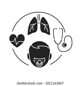 Pediatric Pulmonology Black Glyph Icon. Check And Treatment Respiratory System In Children. Pictogram For Web Page, Mobile App, Promo.