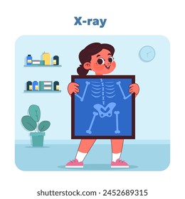 Pediatric radiology with smile. Cheerful child proudly displays her skeletal X ray, showcasing importance of radiological health diagnostics. Keeping kids wellbeing in check. Vector illustration