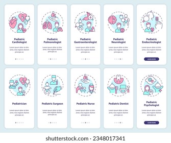 Pediatric service onboarding mobile app screen set. Child healthcare walkthrough 5 steps editable graphic instructions with linear concepts. UI, UX, GUI template. Myriad Pro-Bold, Regular fonts used