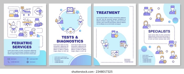 Pediatric services blue gradient brochure template. Child clinic. Leaflet design with linear icons. Editable 4 vector layouts for presentation, reports. Arial-Bold, Myriad Pro-Regular fonts used