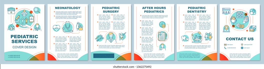 Pediatric services brochure template layout. Neonatology, surgery, dentistry. Flyer, booklet, leaflet print design with illustrations. Vector page layouts for magazines, reports, advertising posters