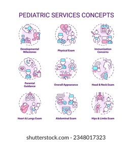 Pediatric services concept icons set. Child development. Health care. Childhood illness. Baby doctor. Childcare center idea thin line color illustrations. Isolated symbols. Editable stroke