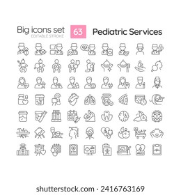 Pediatric services linear icons set. Child care. Young patient. Childhood illness. Medical examination. Customizable thin line symbols. Isolated vector outline illustrations. Editable stroke