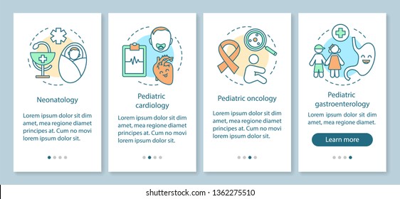 Pediatric services onboarding mobile app page screen with linear concepts. Neonatology, cardiology, gastroenterology walkthrough steps graphic instructions. UX, UI, GUI vector template with icons