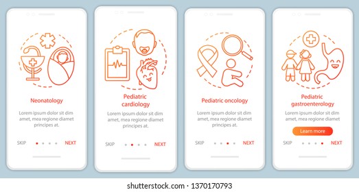 Pediatric services onboarding mobile app page screen with linear concepts. Cardiology, neonatology, gastroenterology walkthrough steps graphic instructions. UX, UI, GUI vector template with icons