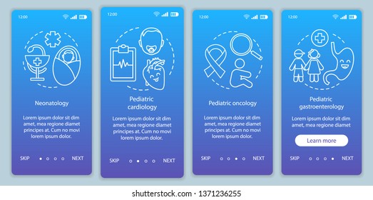 Pediatric services onboarding mobile app page screen vector template. Neonatology, cardiology, oncology, gastroenterology. Walkthrough website steps with icon. UX, UI, GUI smartphone interface concept