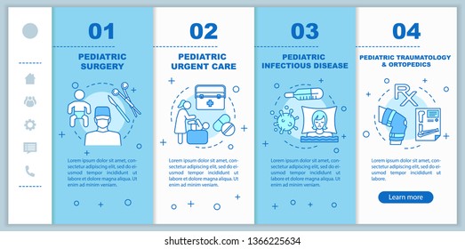 Pediatric services onboarding mobile web pages vector template. Surgery, urgent care. Responsive smartphone website interface idea with linear icons. Webpage walkthrough step screens. Color concept