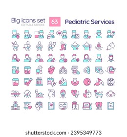 Pediatric services RGB color icons set. Child healthcare. Check up. Children hospital. Baby doctor. Isolated vector illustrations. Simple filled line drawings collection. Editable stroke