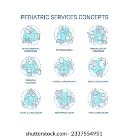 Juego de iconos turquesa de concepto de servicios pediátricos. Desarrollo infantil. Atención de la salud. Enfermedad infantil. Médico bebé. Ilustraciones de color de línea delgada de la idea de un centro de cuidado infantil. Símbolos aislados. Trazo editable