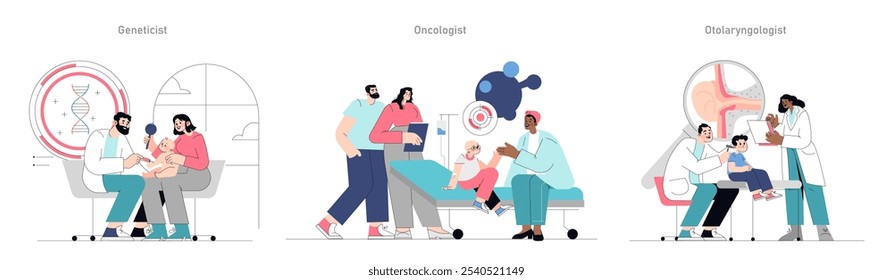 Pediatric Specialist Consultation set. Doctor-patient interactions within genetics, oncology, and otolaryngology. Child care, medical assessment, family support. Vector illustration.