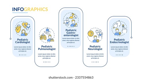 Plantilla infográfica rectangular de subespecialistas pediátricos. Atención médica. Visualización de datos con 5 pasos. Gráfico de información de línea de tiempo editable. Diseño de flujo de trabajo con iconos de línea. Negrita Lato, fuentes regulares usadas