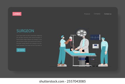 Pediatric surgery concept. Child lying on an operating table with attentive medical staff preparing for a procedure. Hospital care and surgical team in action. Vector illustration.