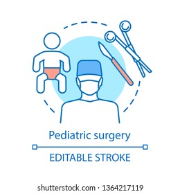 Pediatric surgery concept icon. Kids friendly doctor. Surgery assistance. Surgical devices. Children health care service idea thin line illustration. Vector isolated outline drawing. Editable stroke