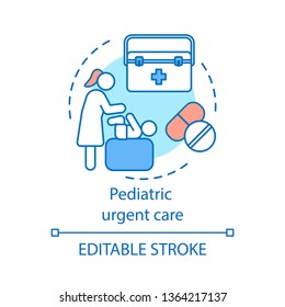 Pediatric Urgent Care Concept Icon. Child Ambulance. First Aid. Kid Healthcare Service. Round The Clock Medical Assistance Idea Thin Line Illustration. Vector Isolated Outline Drawing. Editable Stroke