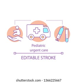 Pediatric Urgent Care Concept Icon. Child Ambulance. First Aid. Kids Health Care Service. Round-the-clock Medical Assistance Idea Thin Line Icon. Vector Isolated Outline Drawing. Editable Stroke