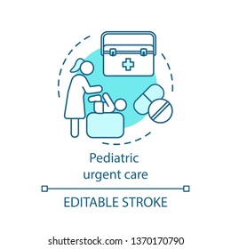 Pediatric Urgent Care Concept Icon. Kids Care Service. Child Ambulance. First Aid. Round The Clock Medical Assistance Idea Thin Line Illustration. Vector Isolated Outline Drawing. Editable Stroke