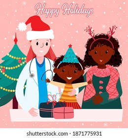 Pediatrician with Afro-American girl and woman on Christmas greetings card. Doctor in Santa hat with small smiling patient for New Year banner. Doctor on the shift  with Black kid on Christmas eve.