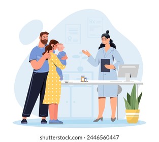 Pediatrician appointment concept. Doctor talk with family with kid. Health care and treatment, diagnosis. Advice and consultation for parents and child. Cartoon flat vector illustration