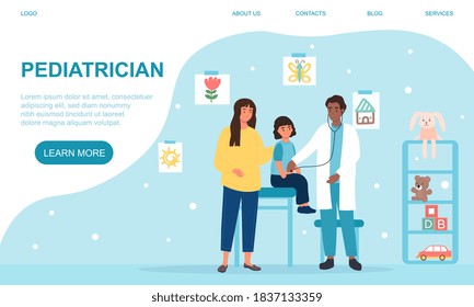 Pediatrician appointment concept. A pediatrician listening with a phonendoscope to a child, his mother is standing nearby. Flat cartoon vector illustration. Web page template