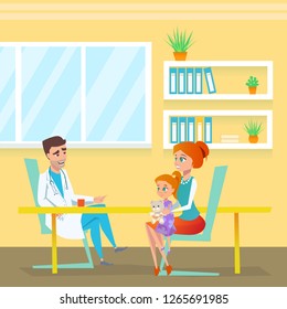Pediatrician Appointment in Hospital Cabinet. Doctor Man Character Talking with Red Head Mom and Cute Girl Kid. Therapy and Diagnosis Department. Pediatric Examination Room Flat Illustration.