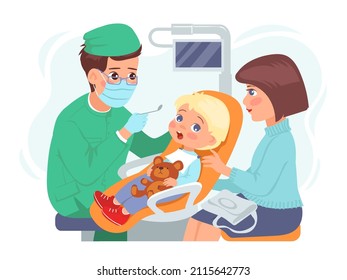 Pediatrician appointment. Little boy in dentists chair. Kids toothache. Mom support. Medical examination. Family at doctors consultation. Dental diagnostic and treatment