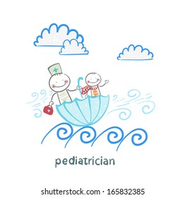 pediatrician with baby sitting in an umbrella and floats on the waves