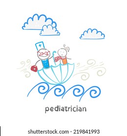 pediatrician with baby sitting in an umbrella and floats on the waves