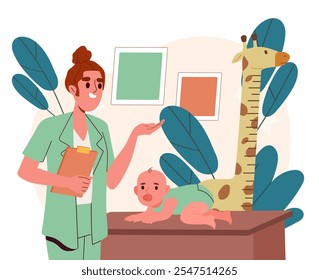 Pediatrician with baby. Woman in medical uniform with toddler near height measurement. Healthcare and medicine. Diagnosis and treatment. Flat vector illustration isolated on white background