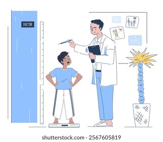 Pediatrician with boy. Man in medical uniform measuring height of little boy. Doctor and kid near height meter. Healthcare and medicine, treatment. Linear vector illustration