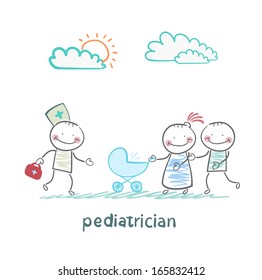 pediatrician came to the sick child in the stroller parents