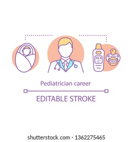 Pediatrician career concept icon. Children specialist. Medical degree course. Professional training. Pediatric doctor idea thin line illustration. Vector isolated outline drawing. Editable stroke