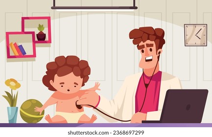 Pediatrician cartoon vector illustration with doctor examining little patient and listening to him with stethoscope