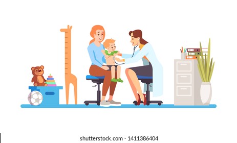 Pediatra revisando la ilustración del vector plano para bebés. Doctora, madre, niño aisló personajes de caricatura de fondo blanco. Niño feliz en el hospital. Control regular, examen, cuidado infantil. Gabinete médico