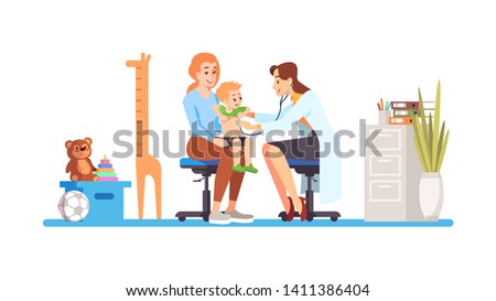 Pediatrician checking baby flat vector illustration. Doctor, mother, child isolated cartoon characters on white background. Happy kid at hospital. Regular check, exam, childcare. Medical cabinet