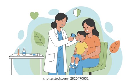 Pediatrician checks a toddler temperature using a digital ear thermometer in a clinic.