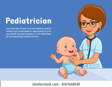 Pediatrician and child baby vector cartoon illustration for pediatrics medicine or pediatry center. Flat design of pediatrician doctor woman doctor examining infant child with stethoscope