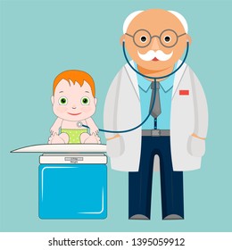 Pediatrician and child baby vector cartoon illustration for pediatrics medicine center. Flat design of pediatrician doctor man doctor examining infant child with stethoscope 
