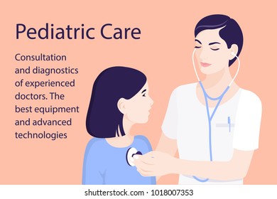 Pediatrician. A child doctor diagnoses a child with a stethoscope. Vector illustration